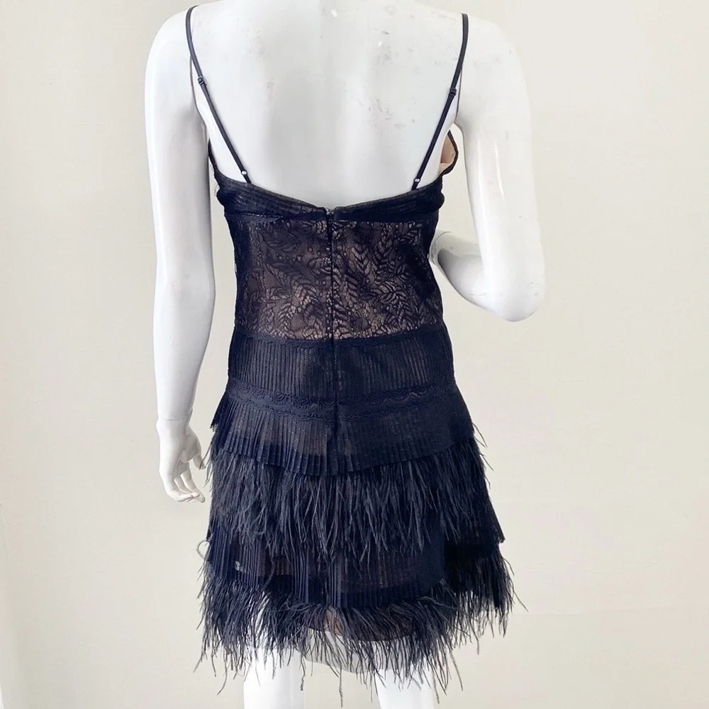 Y2K BCBG Max Azria Black Lace and Tiered Feather Fringe Mini Dress - Picture 2 of 7
